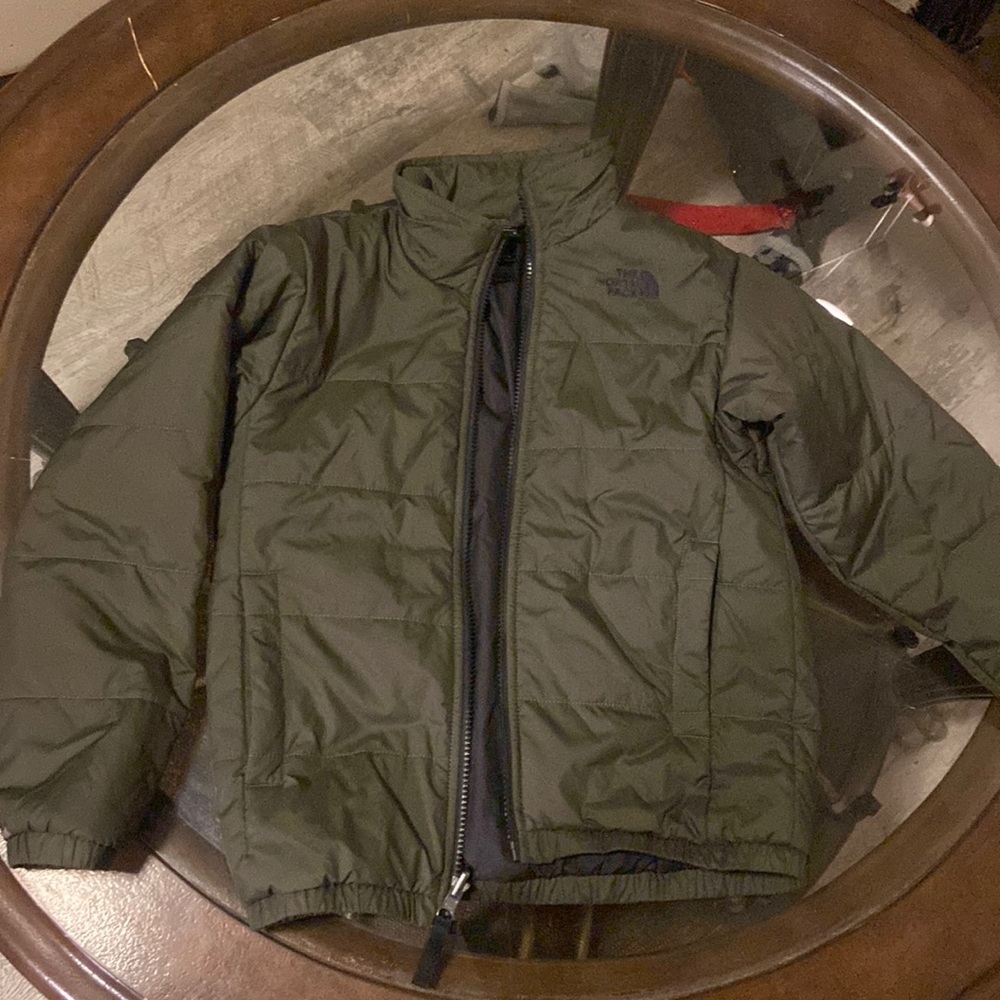 green north face puffer. boy size S